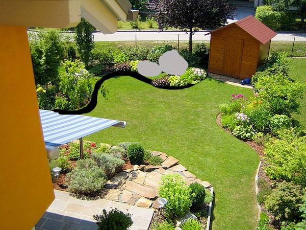 Im kleingarten mittig groÃe steine verschönerung der gartenhütte ...